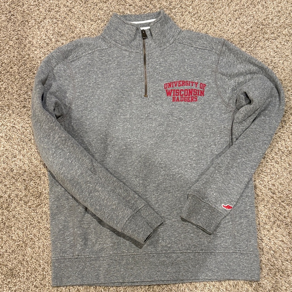League Gray Zip Up Sweater with Red University of Wisconsin Badgers Logo